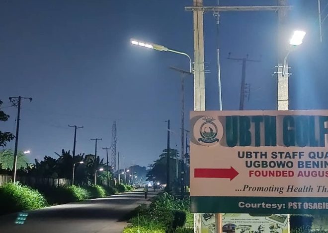Excitement As Prof. Ize-Iyamu Lights Up UBTH Staff Quarters With Solar Powered Street Light