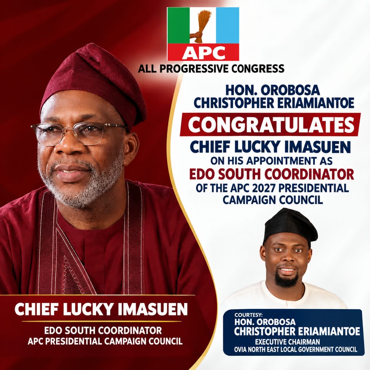 Appointment Into APC Presidential Campaign Council: Ovia N/E Chairman Congratulates Lucky Imasuen